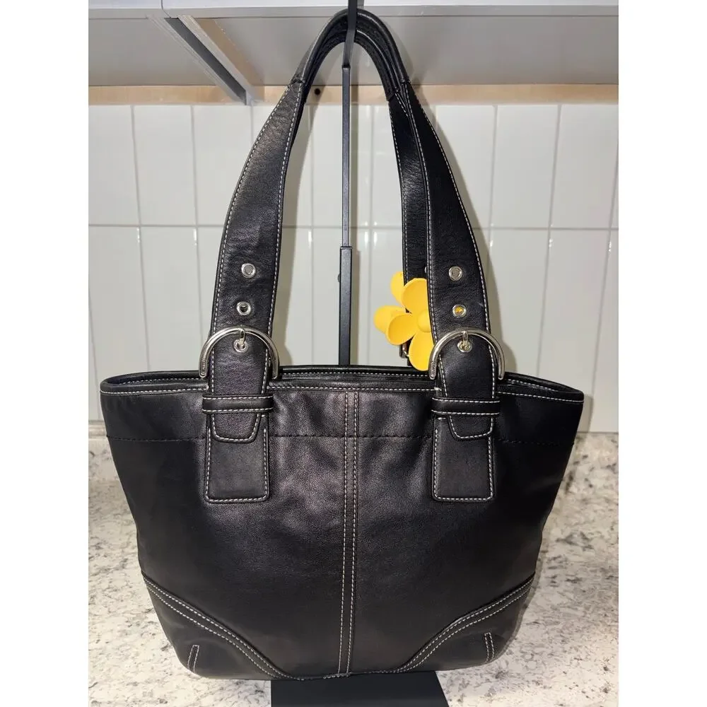 Y2K Vintage Coach Black Leather Tote Cream Stitch Hangtag 9544